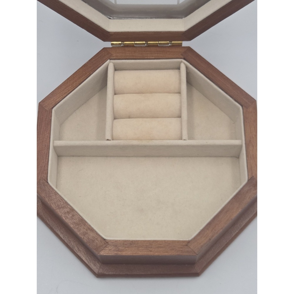 Vintage Wooden Jewelry Box With Flowers On Glass 6.5 in Octagon Lid. - Picture 5 of 10